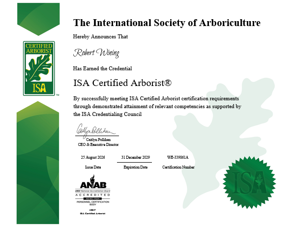 International Society of Arboriculture certificate for ISA Certified Arborist Robert Wining